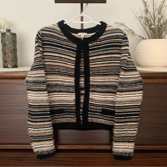 Laura Contrast Trim Textured Striped Cardigan Sweater, Size Small - Picture 2 of 11